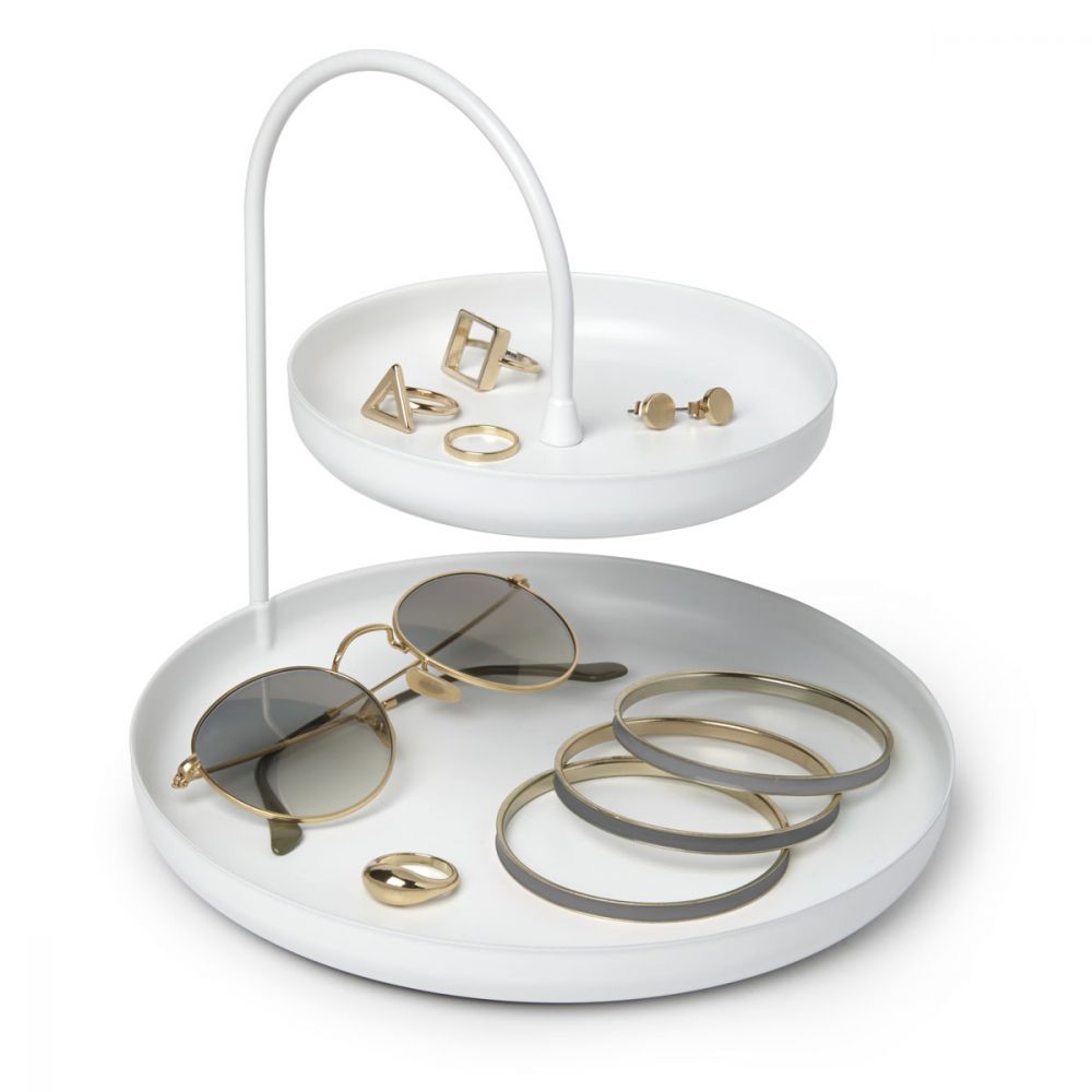 Rings Punemi Jewelry Stand Organizer，Necklace Holder Earring Display Stand Jewelry Tree with Wooden Ring Tray and Hooks Storage Necklaces Watches Metal Desk Organizer Stand,White Bracelets 