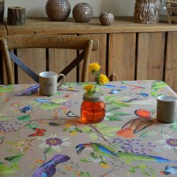 Coated tablecloth Beige Birds Sunflower