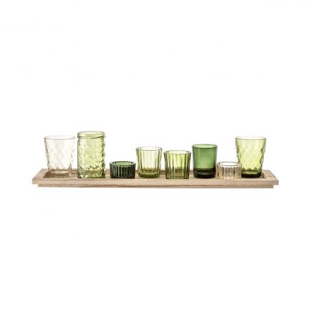 9 Green Glass Candleholders and Tray Bloomingville