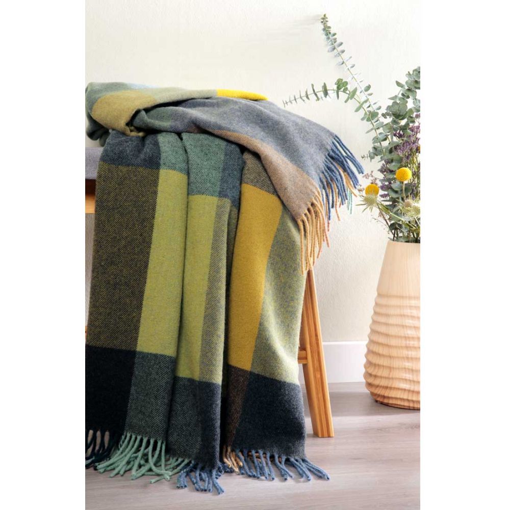 Wool and cashmere tartan blanket yellow Blue - sofa throw and