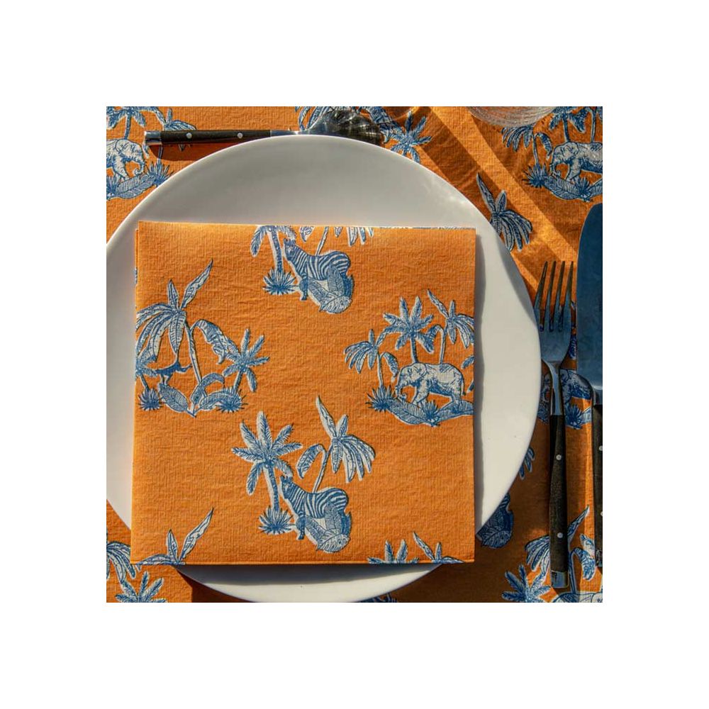 Serviette intissé orange et bleu Toile de Jouy - Françoise Paviot
